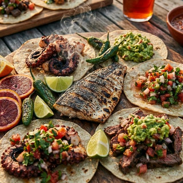 塔可、烤海鲜与新鲜莎莎酱的特写