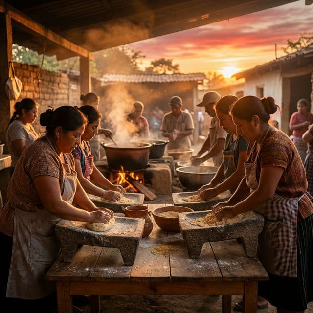 墨西哥厨房中传统玉米面团制作过程